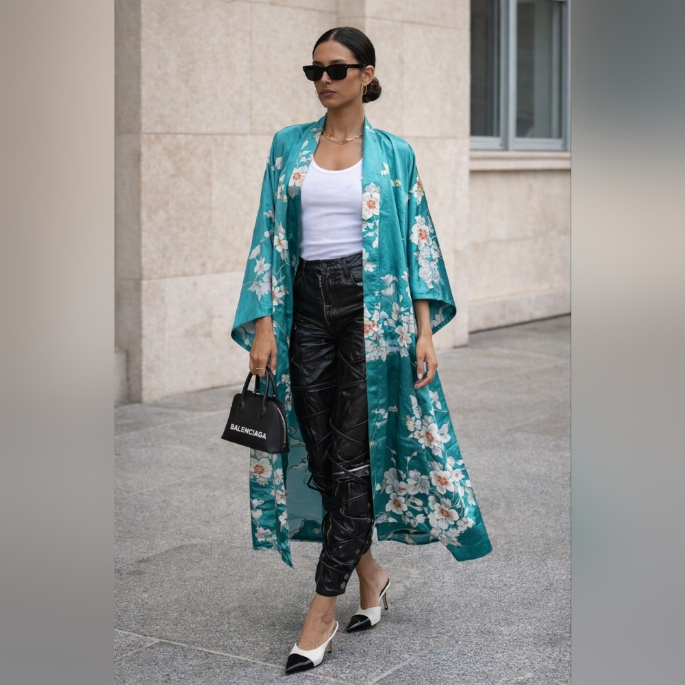 Teal Floral Kimono Robe Duster Jacket JAPAN OS